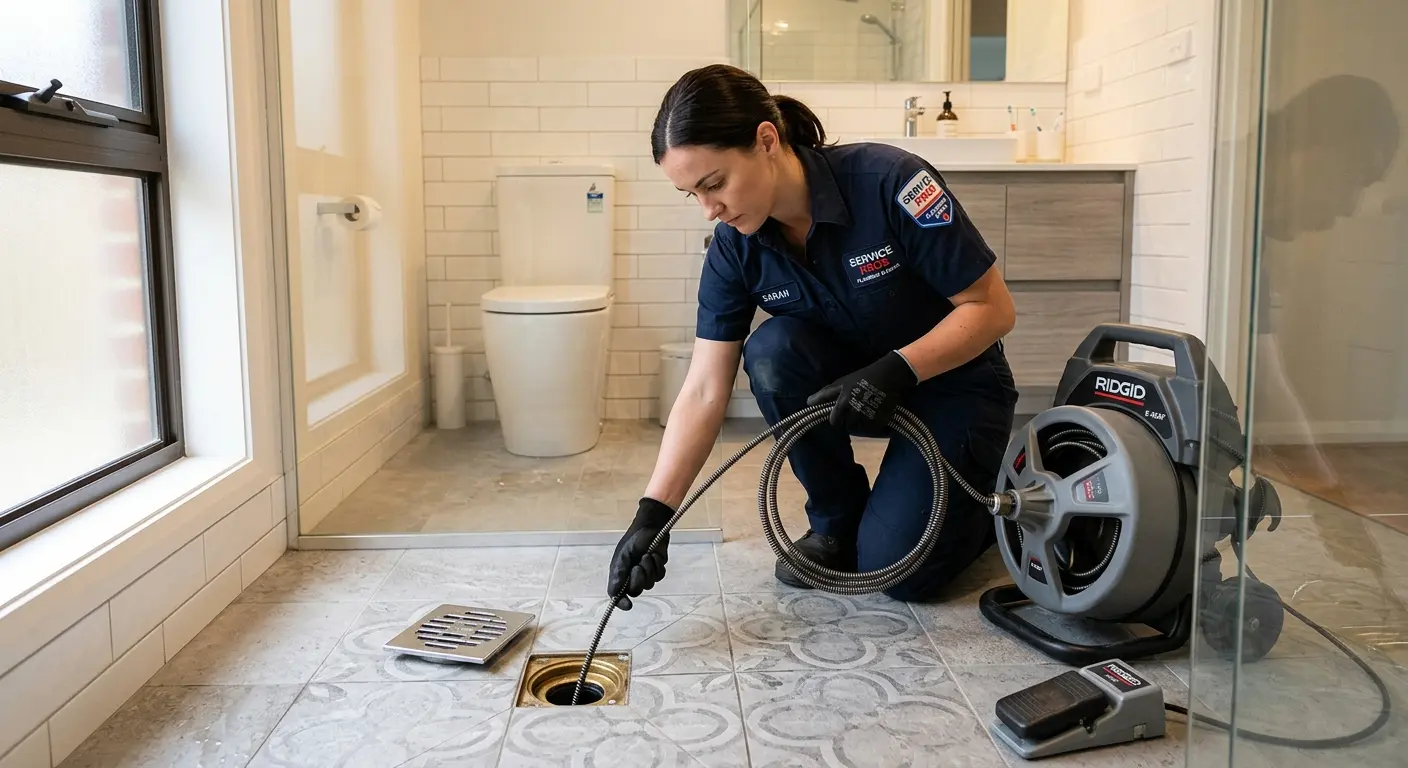Technician clearing a bathroom floor drain for Hydro Jetting in Carl Junction
